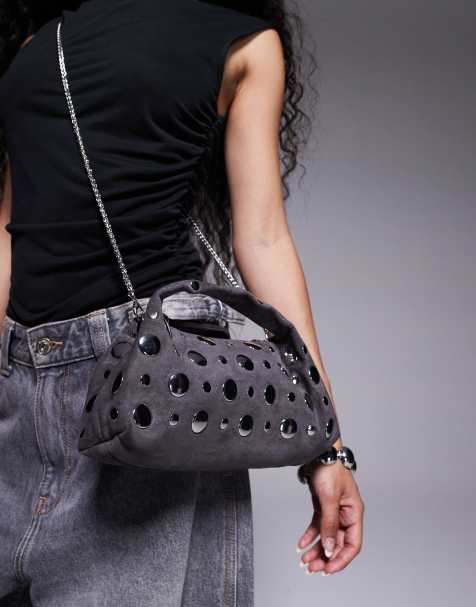 River Island studded suedette crossbody bag in dark grey - view 1