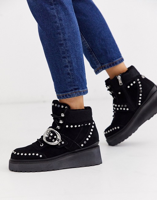River Island studded wedge boot in black suede