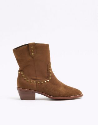 River Island Studded western ankle boots in brown