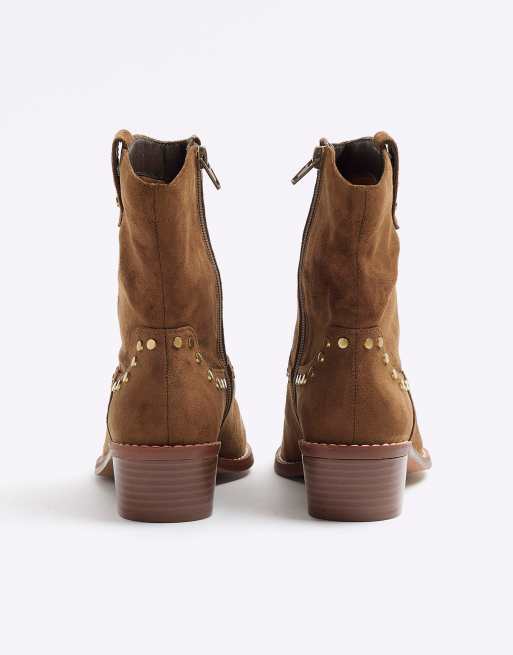 River Island Studded western ankle boots in brown ASOS