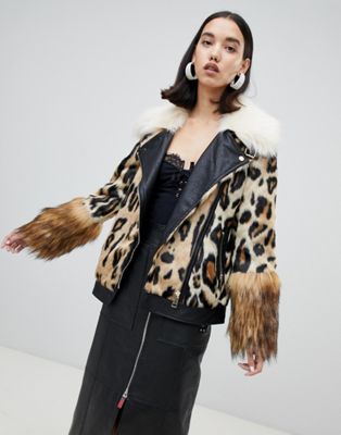 River Island studio faux fur aviator jacket in animal print | ASOS