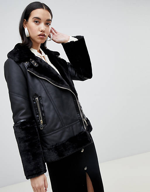 River Island studio leather aviator jacket in black | ASOS