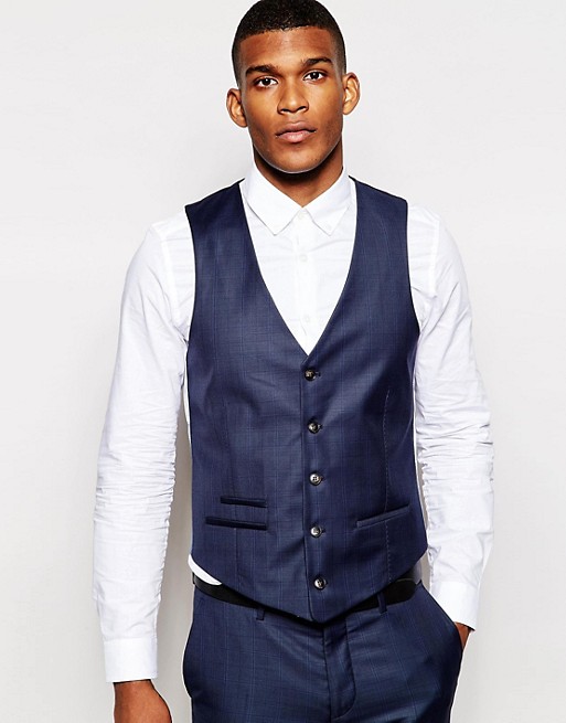 River Island Subtle Checked Slim Fit Wool Blend Waistcoat