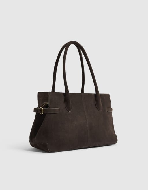 River Island Suede buckle side tote bag in brown, 2 of 4