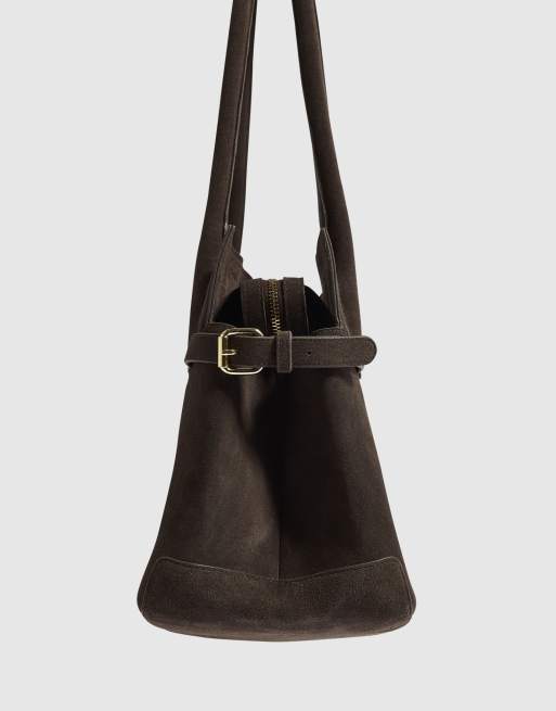 River Island Suede buckle side tote bag in brown, 3 of 4