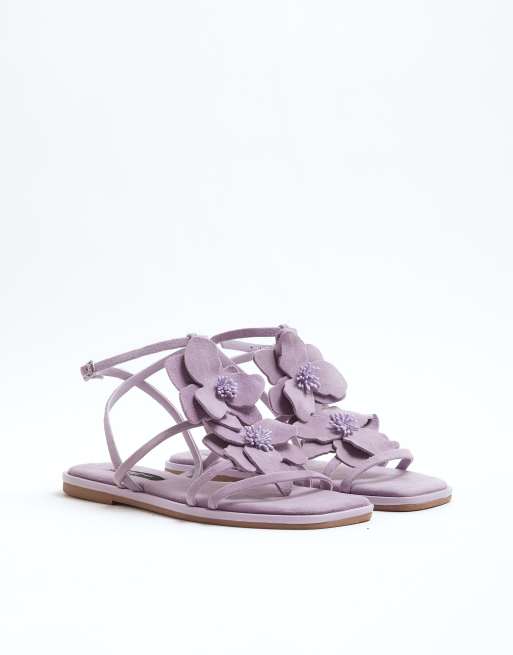 River Island Suede flower embellished flat sandals in purple - light