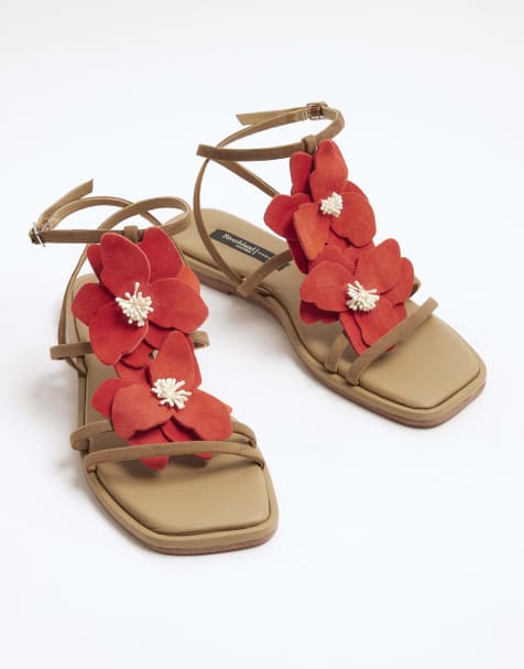 River Island Suede flower embellished flat sandals in red - view 1