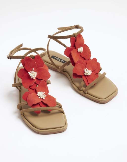 River Island Suede flower embellished flat sandals in red
