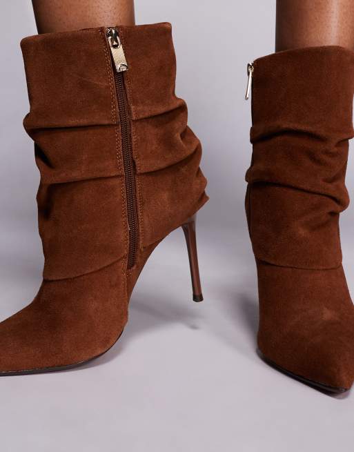 River Island suede fold over detail ankle boot in brown, 3 of 4