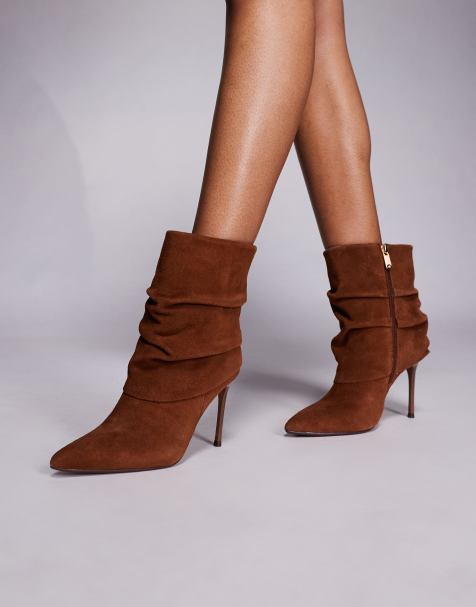 River Island suede fold over detail ankle boots in brown - view 1