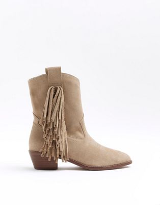 River Island Suede fringe detail western boots in stone - medium