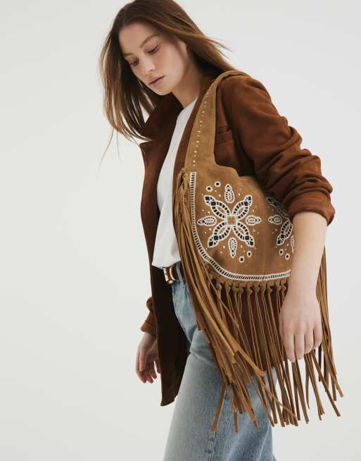 River Island Suede fringed broderie shoulder bag in brown - light