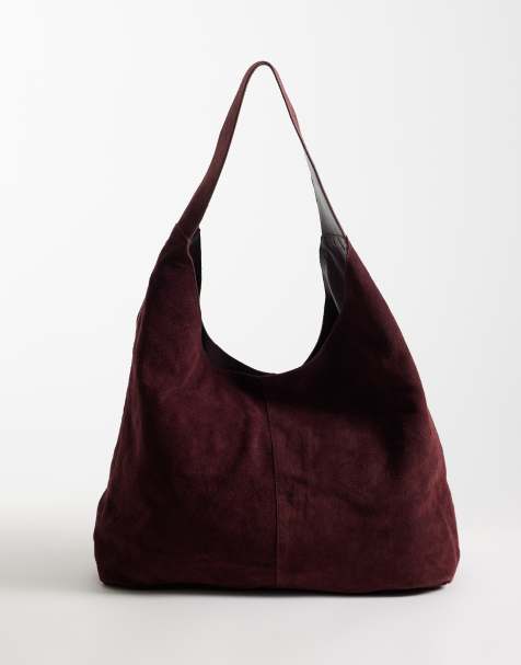 River Island suede slouch bag in burgundy - view 1