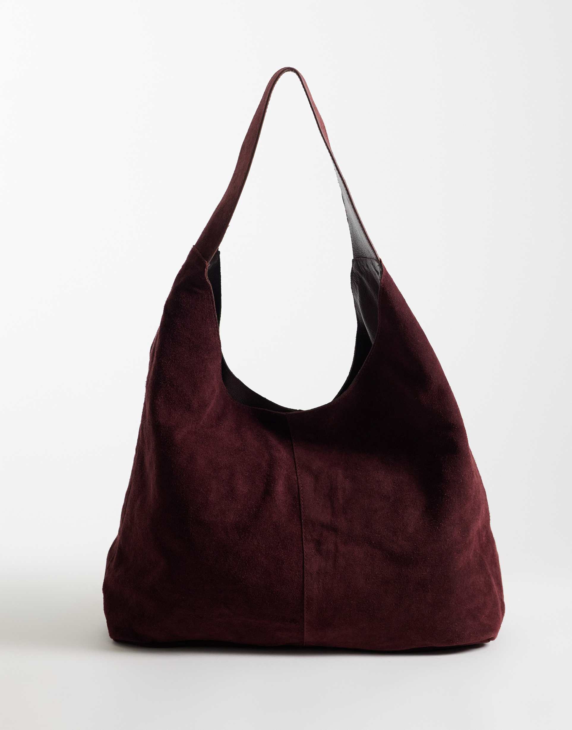 river island suede slouch bag in burgundy