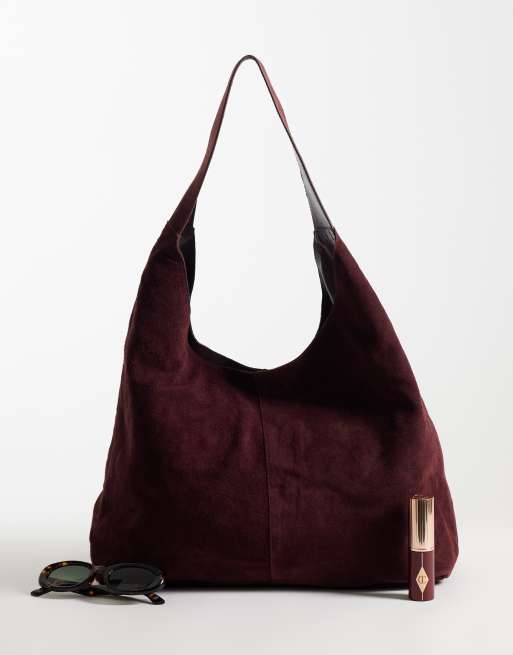 River Island suede slouch bag in burgundy, 2 of 4
