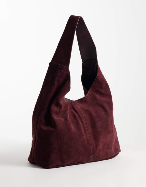 River Island suede slouch bag in burgundy, 3 of 4