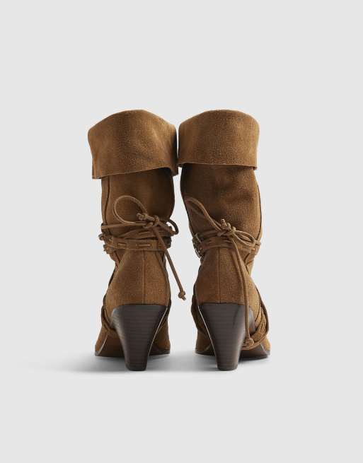 River Island Suede slouch cone heel ankle boots in tan, 3 of 3