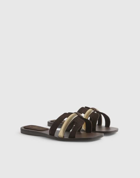 River Island suede strap flat sandals in dark brown - view 1