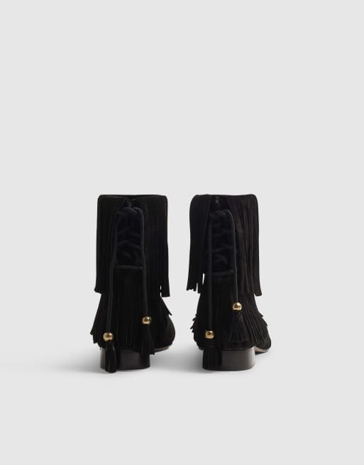 River Island Suede tassel block heel boots in black, 3 of 3