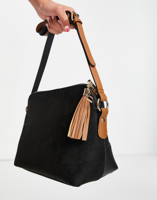 River Island suede tassel trim crossbody bag in black