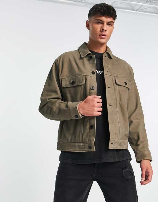 River Island suede trucker jacket in gray | ASOS