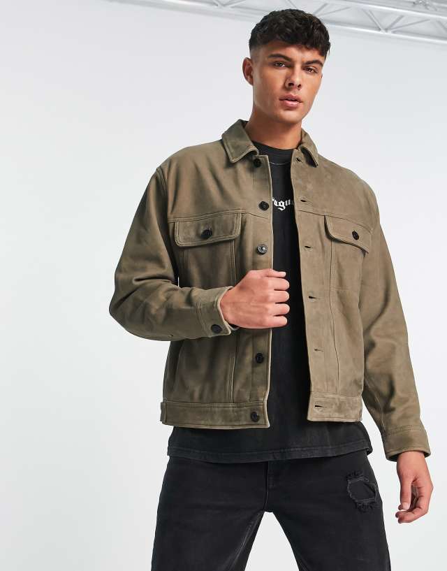 River Island suede trucker jacket in gray