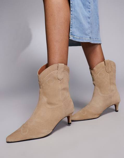 River Island suede western boot with kitten heel in beige - view 1