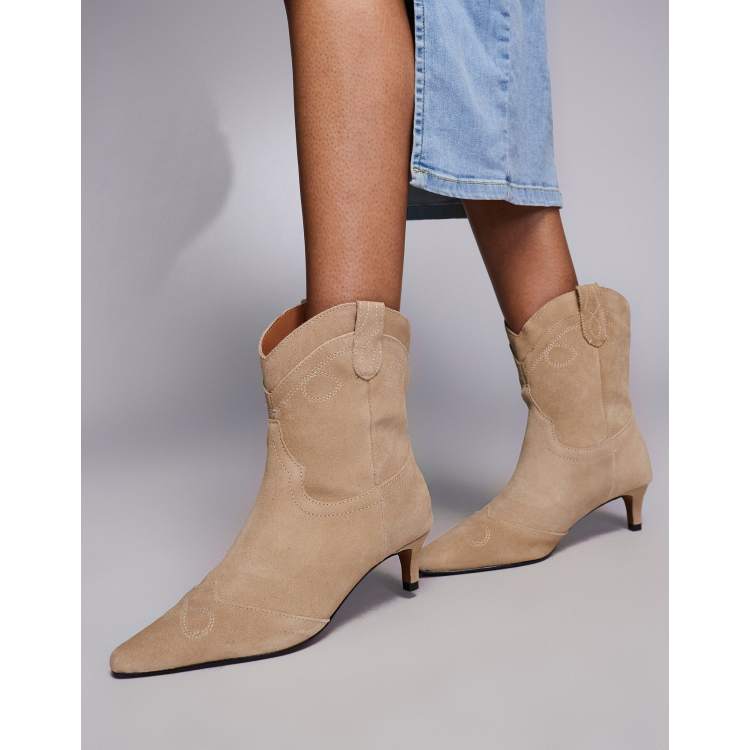River Island suede western boot with kitten heel in beige ASOS