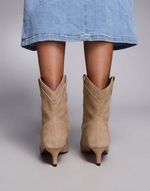 River Island suede western boot with kitten heel in beige