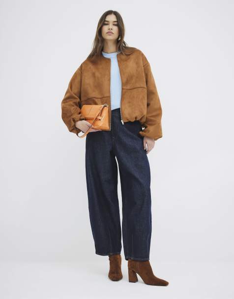 River Island Suedette bubble hem bomber jacket in brown / amber - view 1