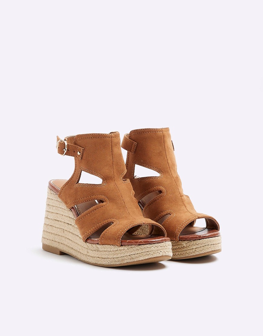 River Island Suedette cut out wedge sandals in brown