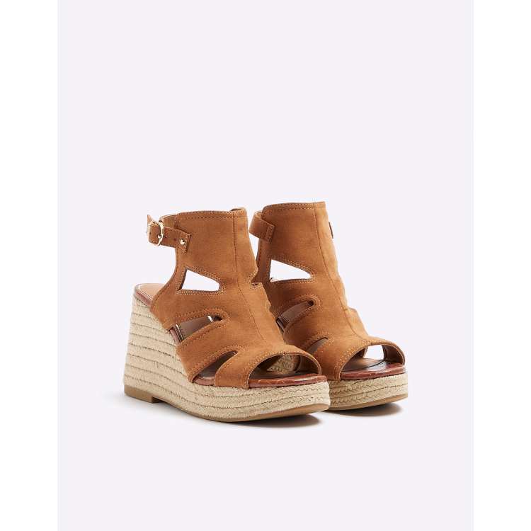 River Island Suedette cut out wedge sandals in brown ASOS