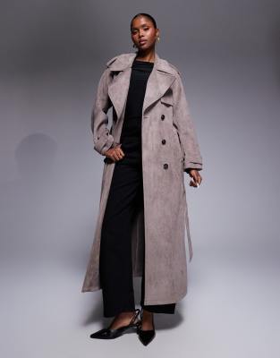 River Island Suedette Double Breasted Trench Coat In Neutral