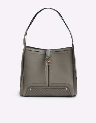 River Island Suedette embossed ri monogram tote bag in grey