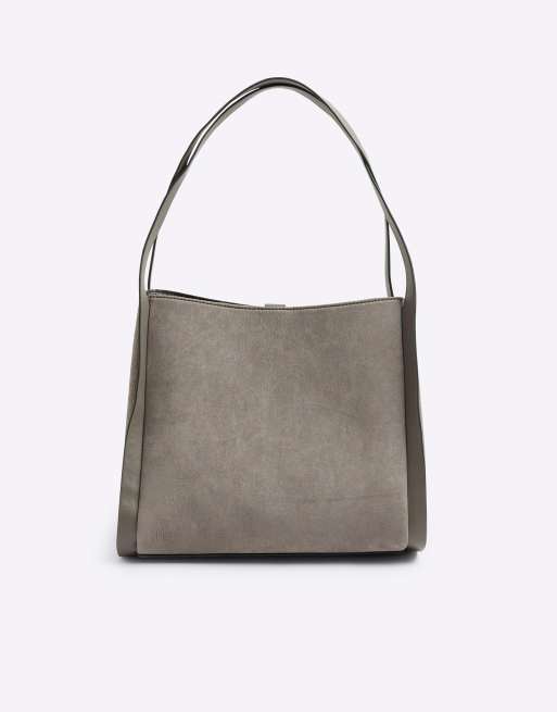 River Island Suedette embossed ri monogram tote bag in grey