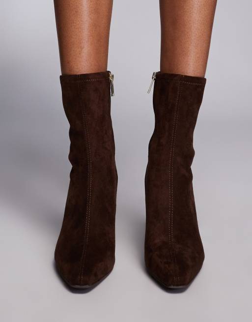 River Island suedette heeled boot in dark brown, 3 of 4