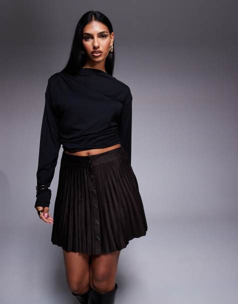 River Island suedette pleated mini skirt in dark brown - view 1