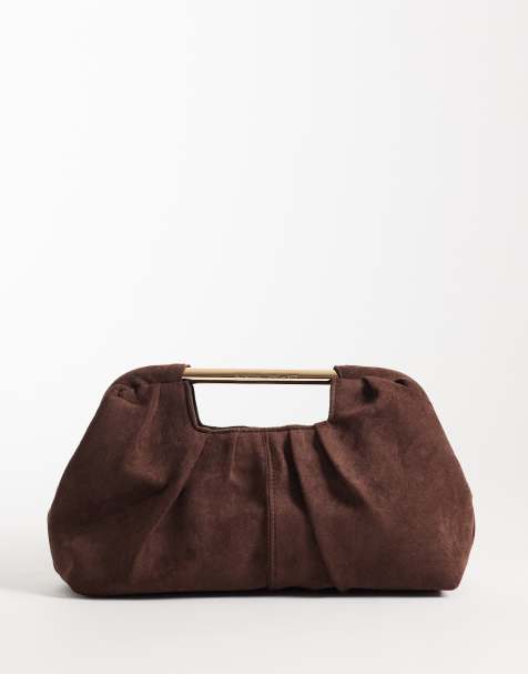 River Island suedette ruched clutch bag in brown - view 1