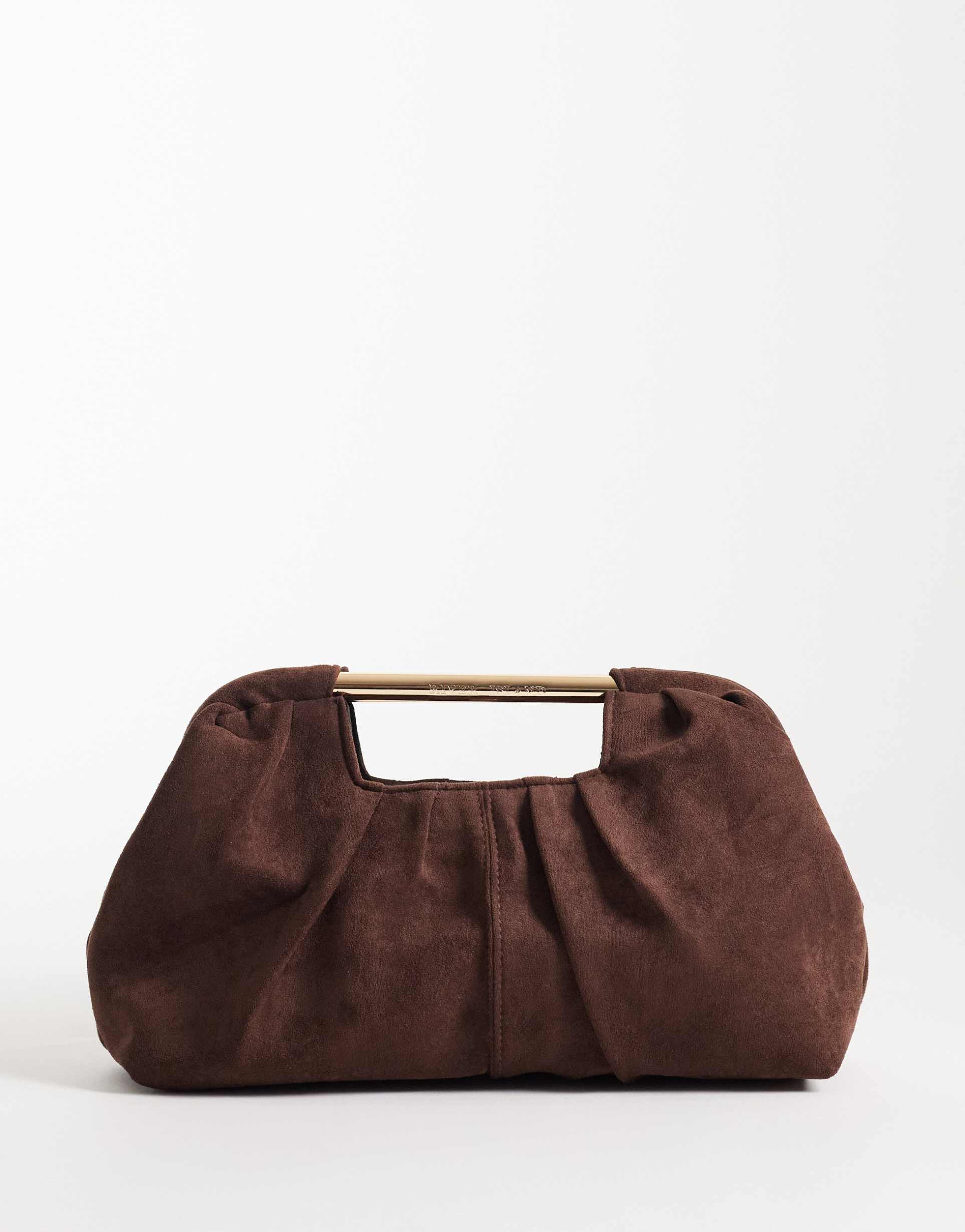 river island suedette ruched clutch bag in brown
