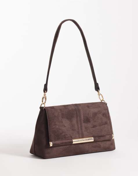 River Island suedette shoulder strap clutch purse in dark brown - view 1