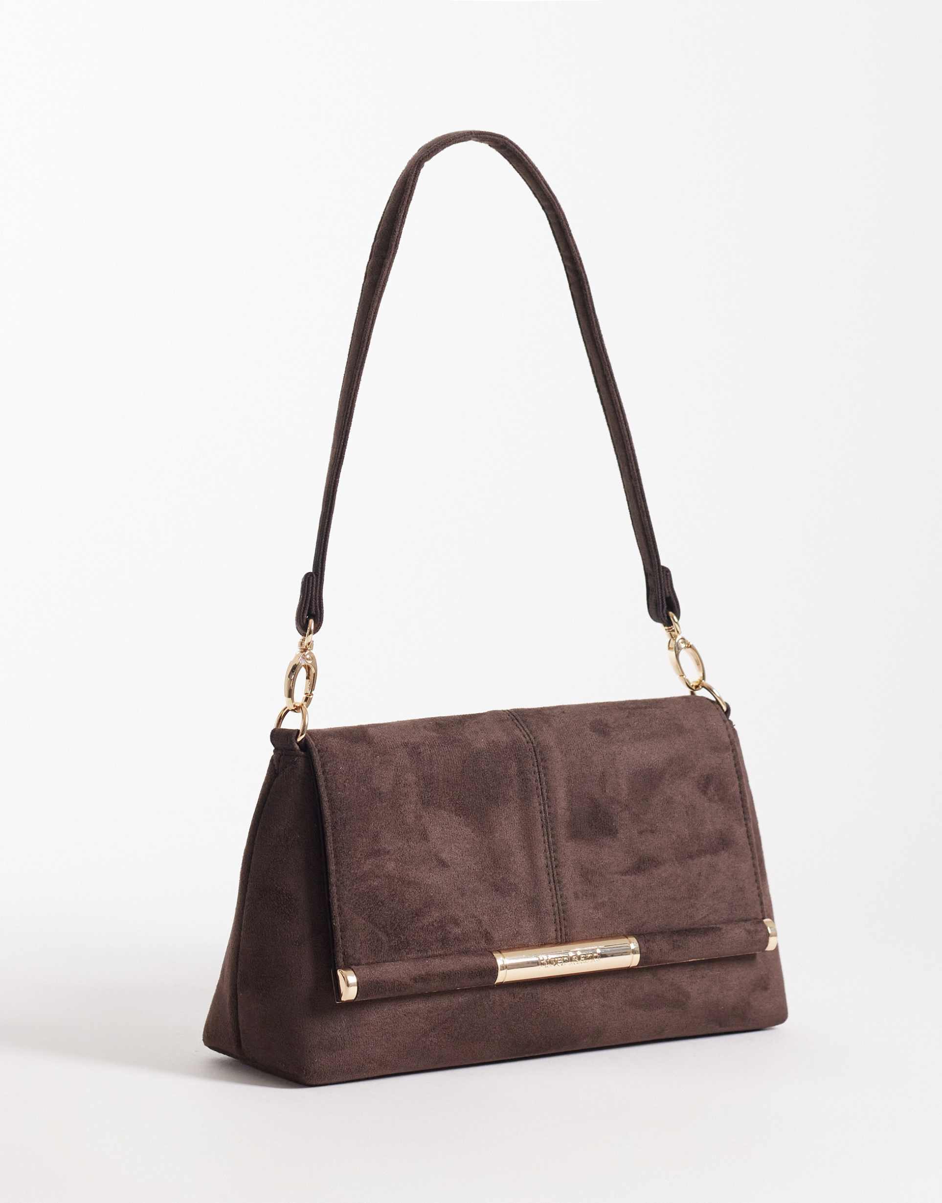 river island suedette shoulder strap clutch purse in dark brown