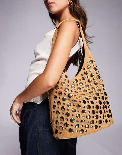 River Island suedette studded bucket bag in light brown - view 1