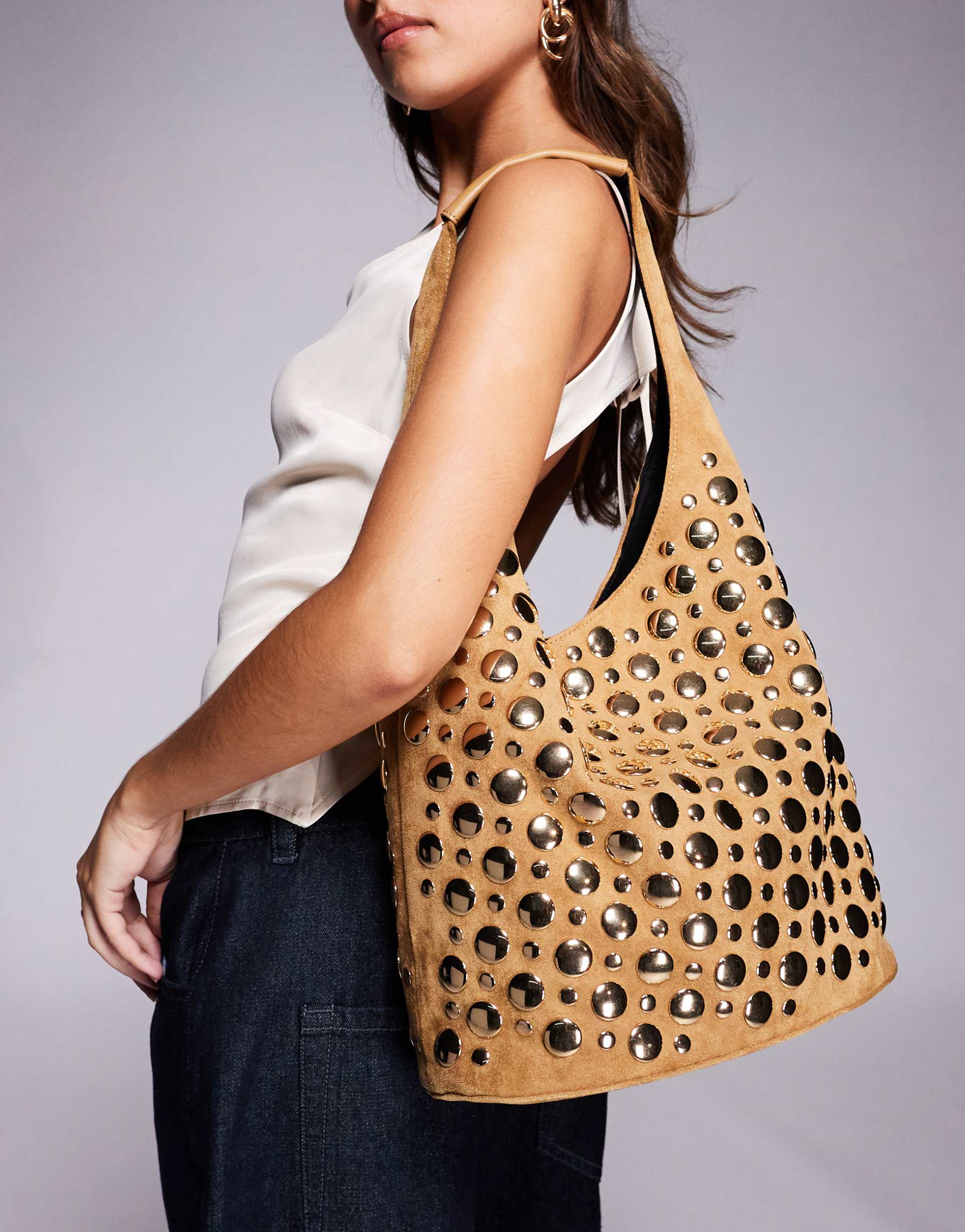 river island suedette studded bucket bag in light brown
