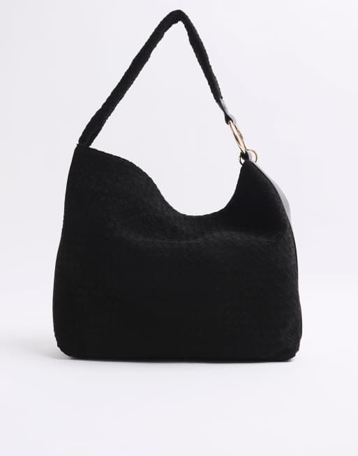 River Island Suedette woven shoulder bag in black