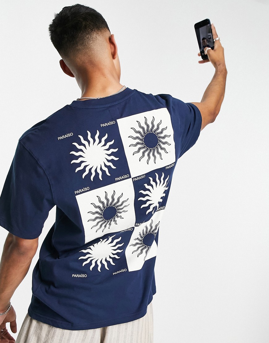 River Island Sun Tile Printed T-Shirt In Blue-Navy