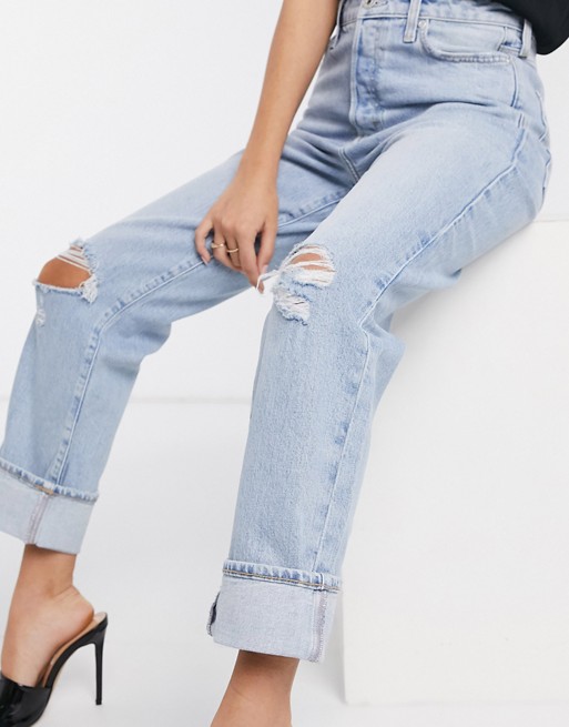 River Island super high rise straight leg ripped jeans in light blue