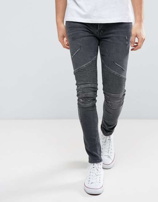 River Island Super Skinny Biker Jeans In Washed Black