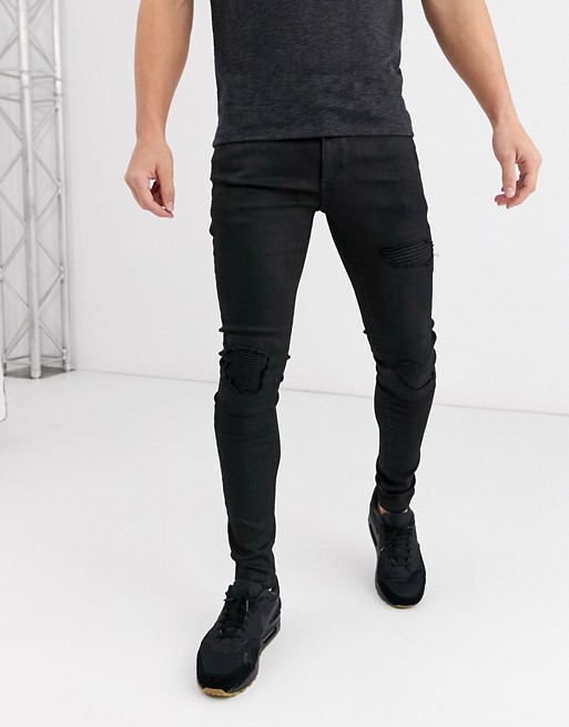 River Island super skinny coated biker jeans in black | ASOS