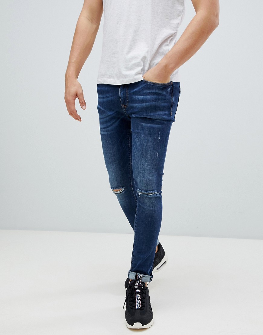 River Island - super-skinny jeans med optrevling i medium forvasket blå
