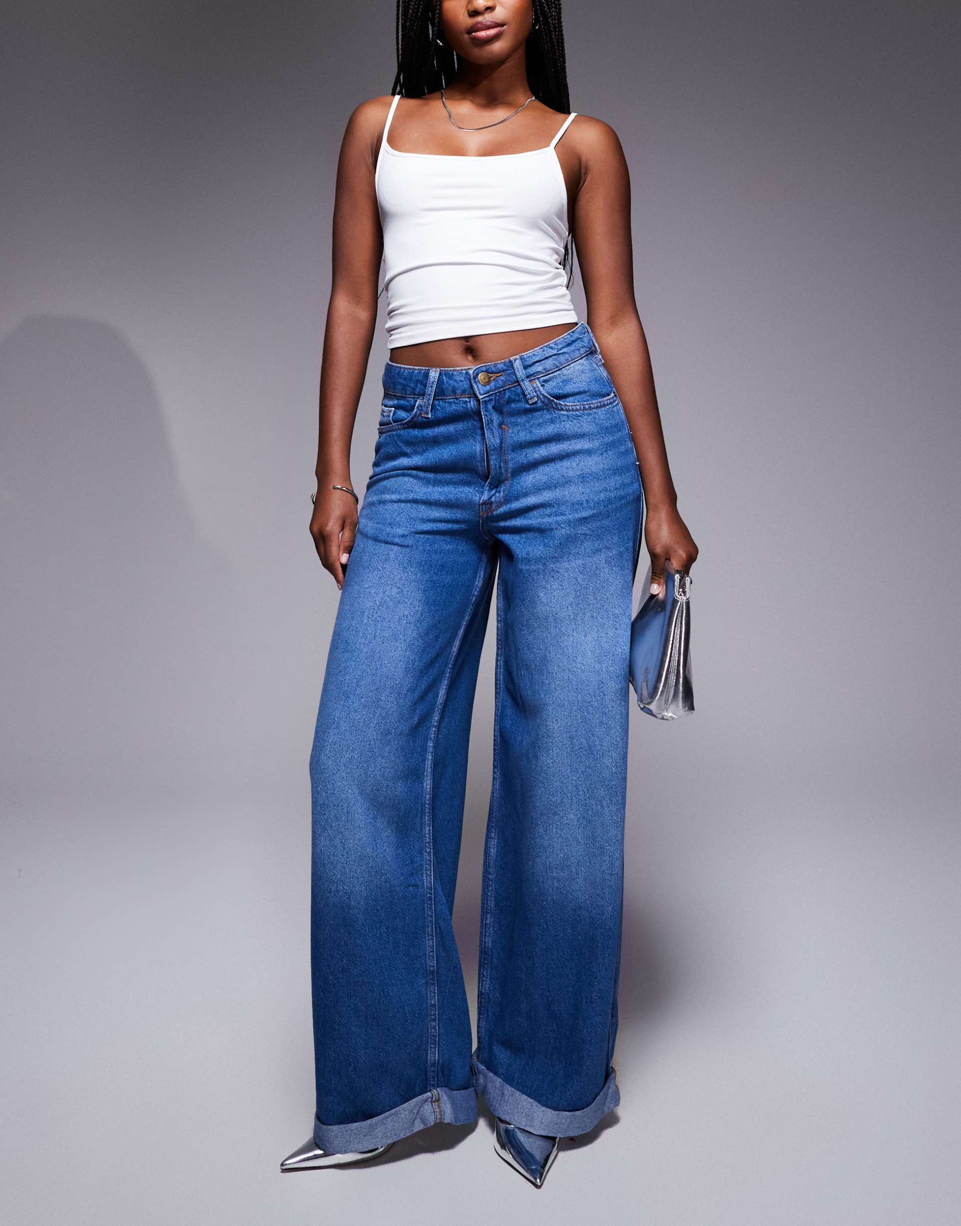 river island super wide leg jeans in midwash blue